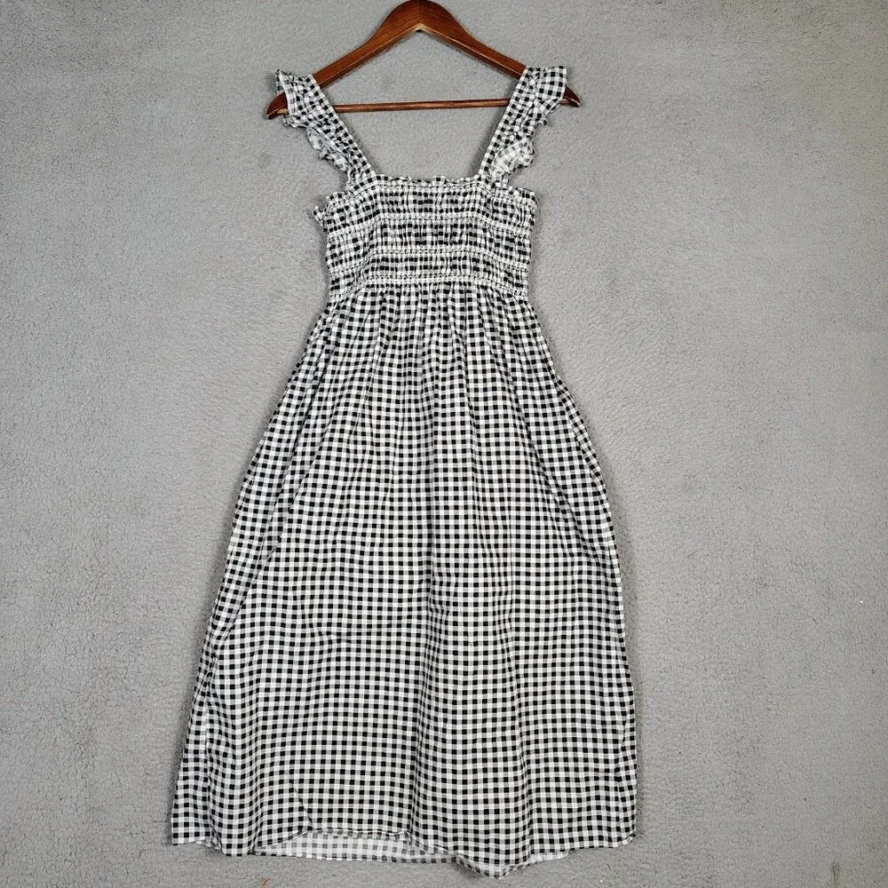 Bcbgeneration Midi Dress Women's Small Black White Gingham Check Poplin Smocked - Picture 2 of 12